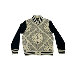 Snoop Dogg Varsity Jacket Mens Large Cream Paisley Fleece Lined Snap Front